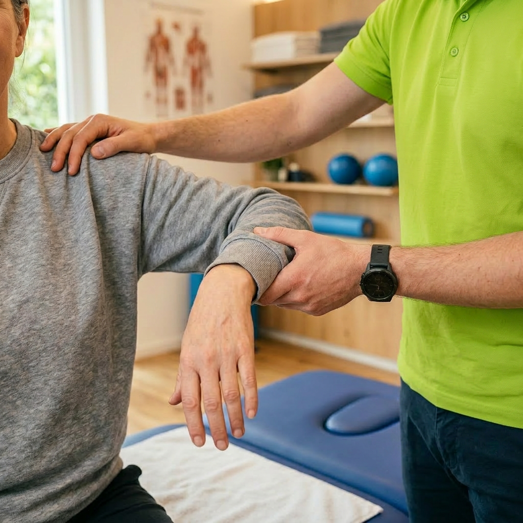 Physiotherapist helping patient with shoulder movement exercises in therapy room